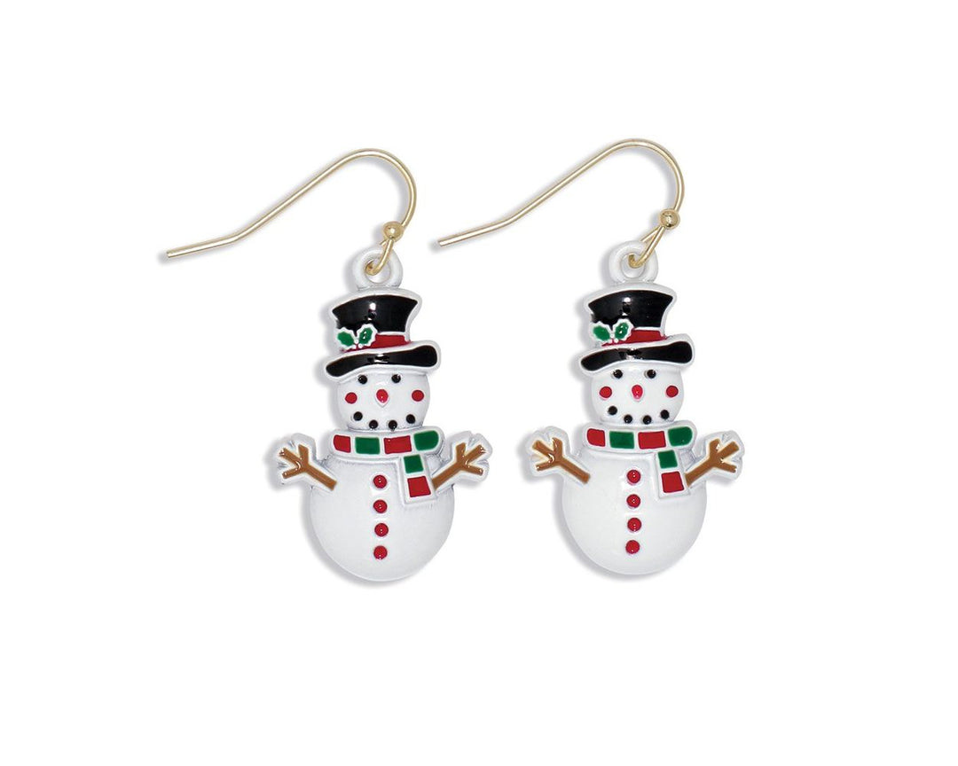 Pair of snowman dangle earrings with top hat, red green scarf, gold fishhook wires