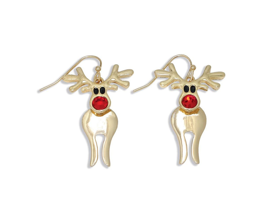 Gold-tone Rudolph reindeer dangle earrings with red crystal noses and antlers