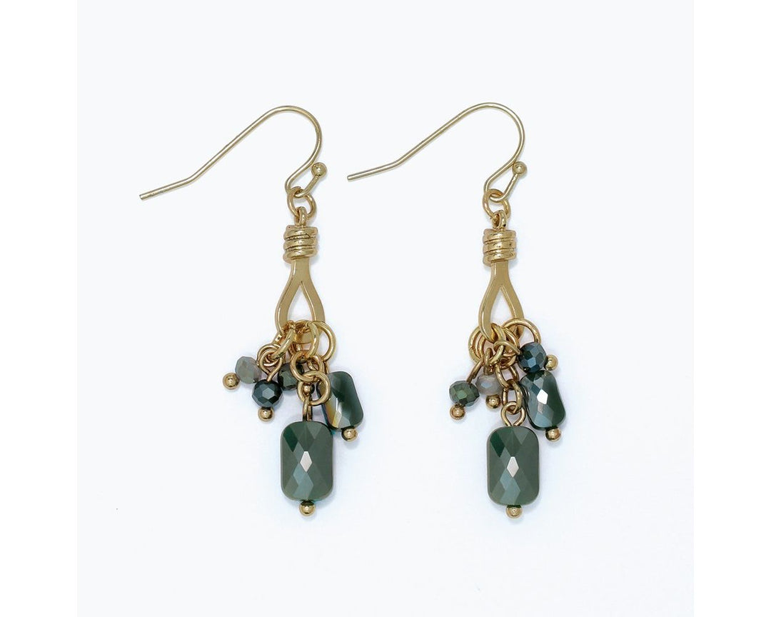 Gold drop earrings with faceted dark green stone and crystal bead cluster charms