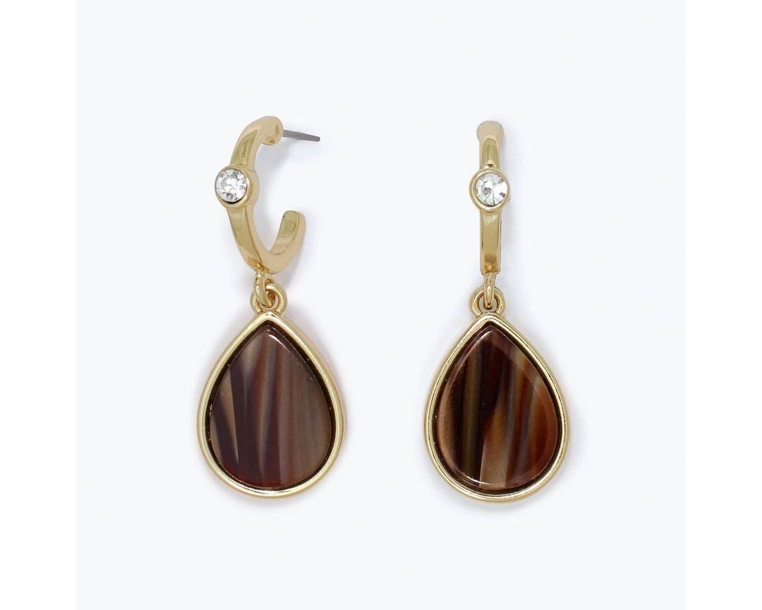 Gold hoop drop earrings with brown tiger eye teardrop pendants and crystal accent