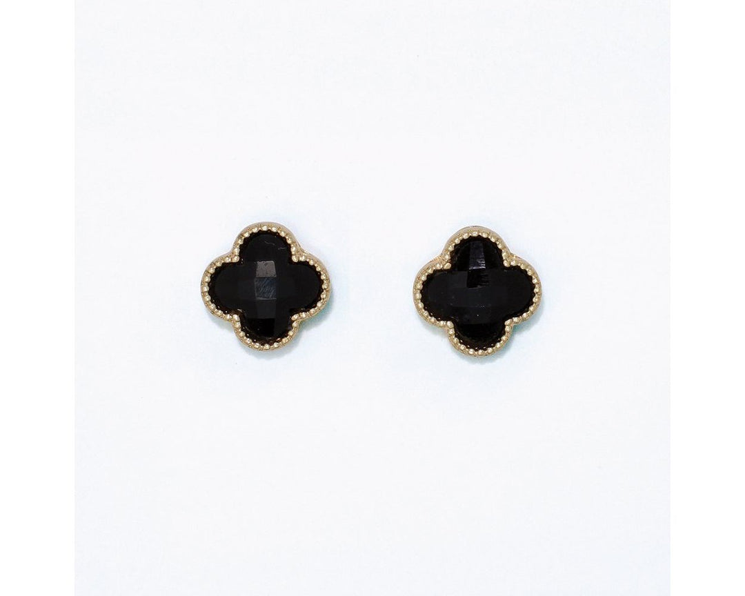 Black faceted crystal four-leaf clover stud earrings with gold beaded edge