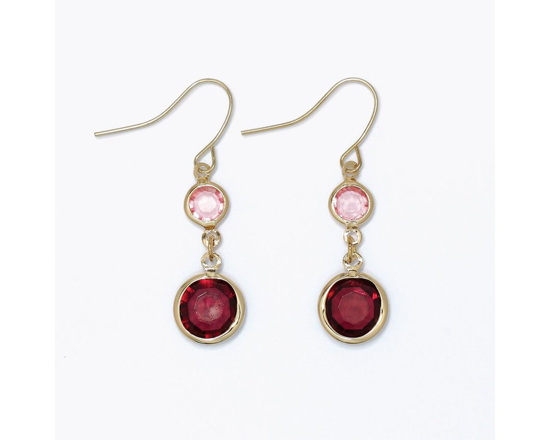 Gold-tone drop earrings with light pink and deep burgundy round crystal stones