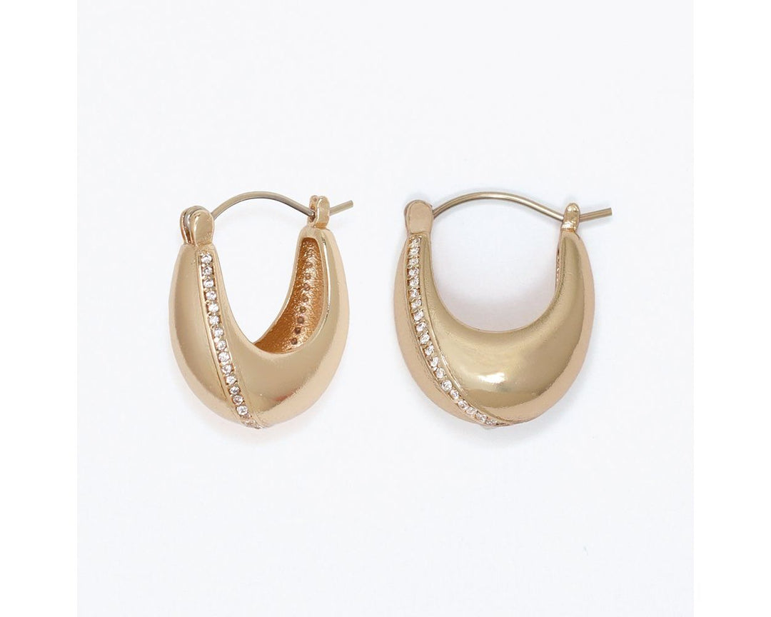 Bold gold chunky hoop earrings with CZ crystal stone detail stripe