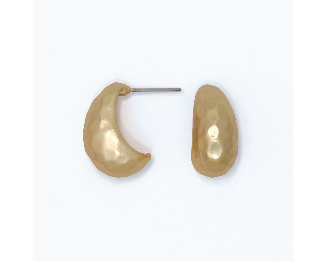 Hammered matte gold J-hoop earrings with post-and-pin fastening, chunky tapered silhouette