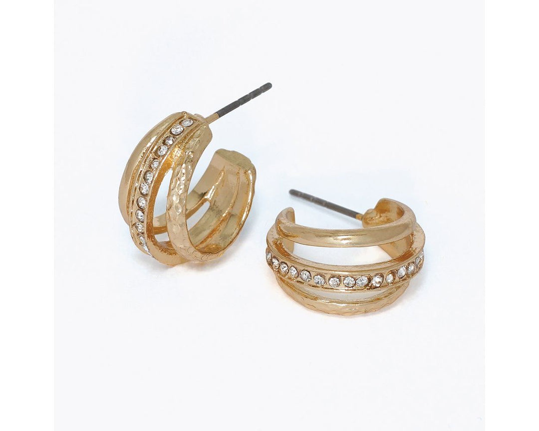 Gold hammered triple-band hoop earrings with crystal rhinestone accents on posts
