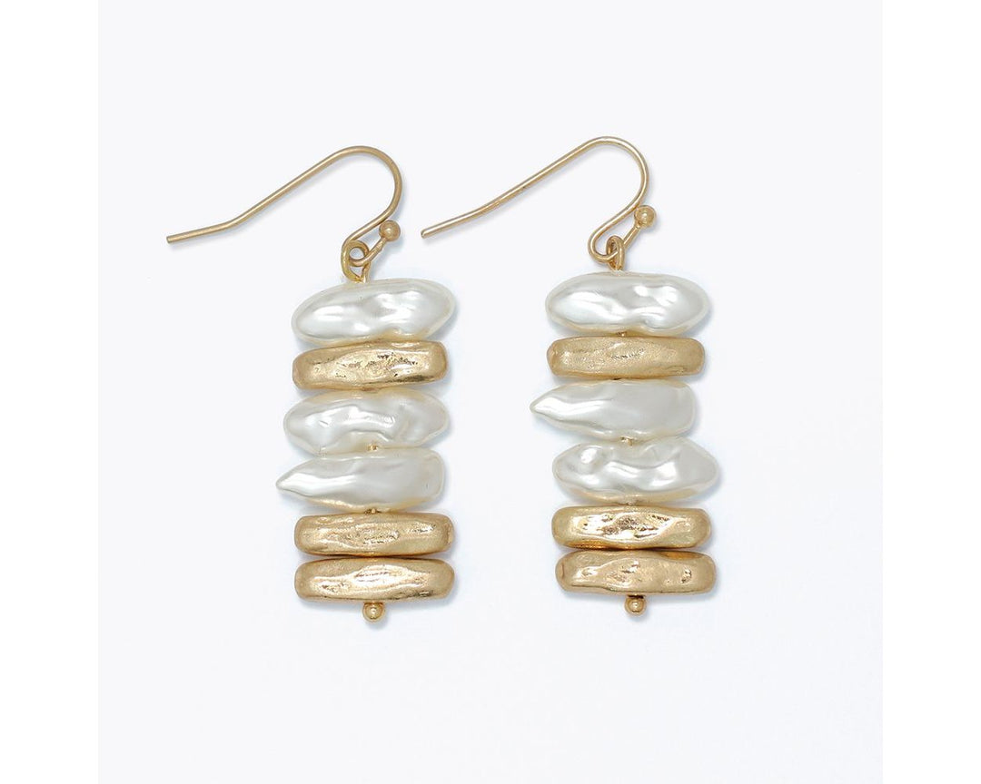 Stacked freshwater pearl and brushed gold nugget drop earrings with gold fish hook wires