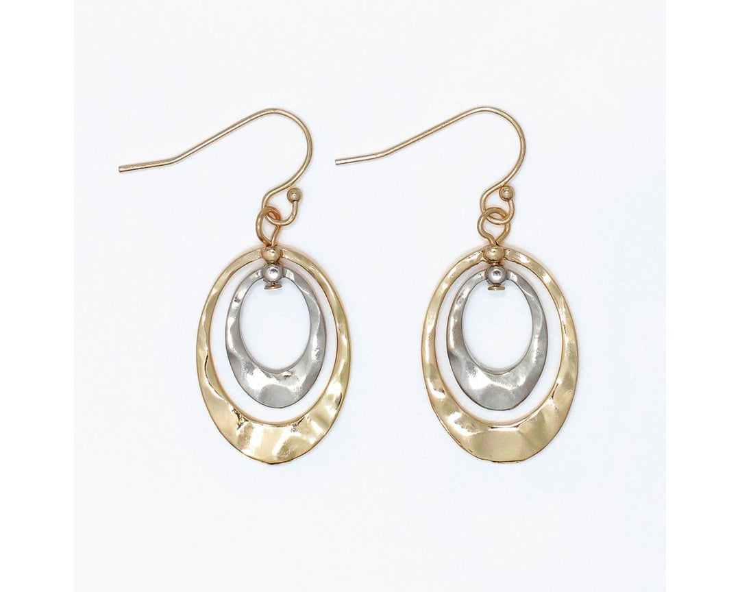 Two-tone hammered oval drop earrings with gold and silver nested open rings