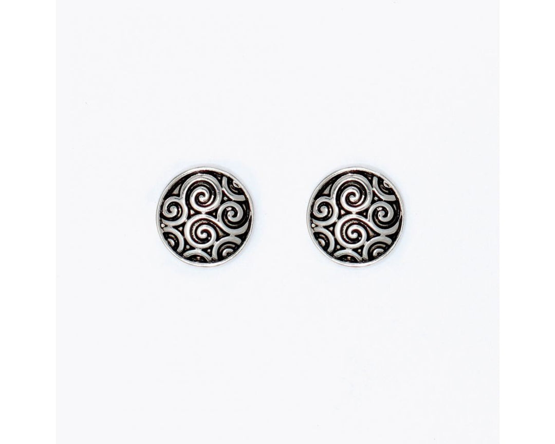 Round antiqued silver filigree stud earrings with Celtic spiral swirl pattern, set of two