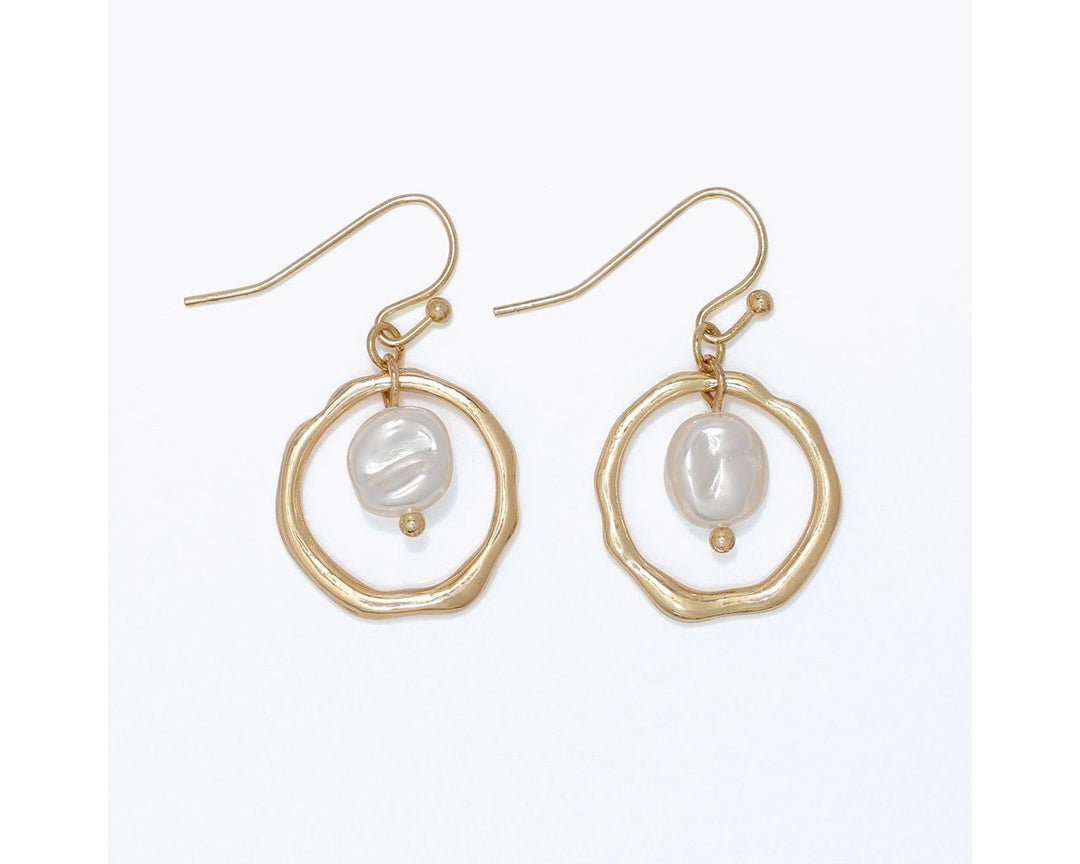 Gold hammered hoop drop earrings with freshwater pearl center on fish hook wires