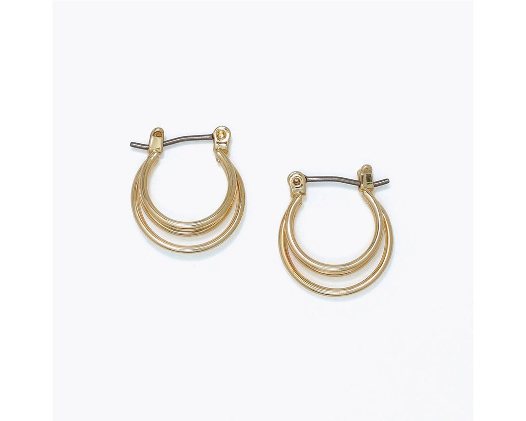 Small gold triple-hoop huggie earrings with polished finish and hinged post closure