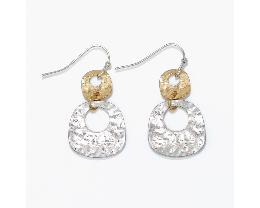 Hammered two-tone drop earrings with gold disc top and larger silver pendant
