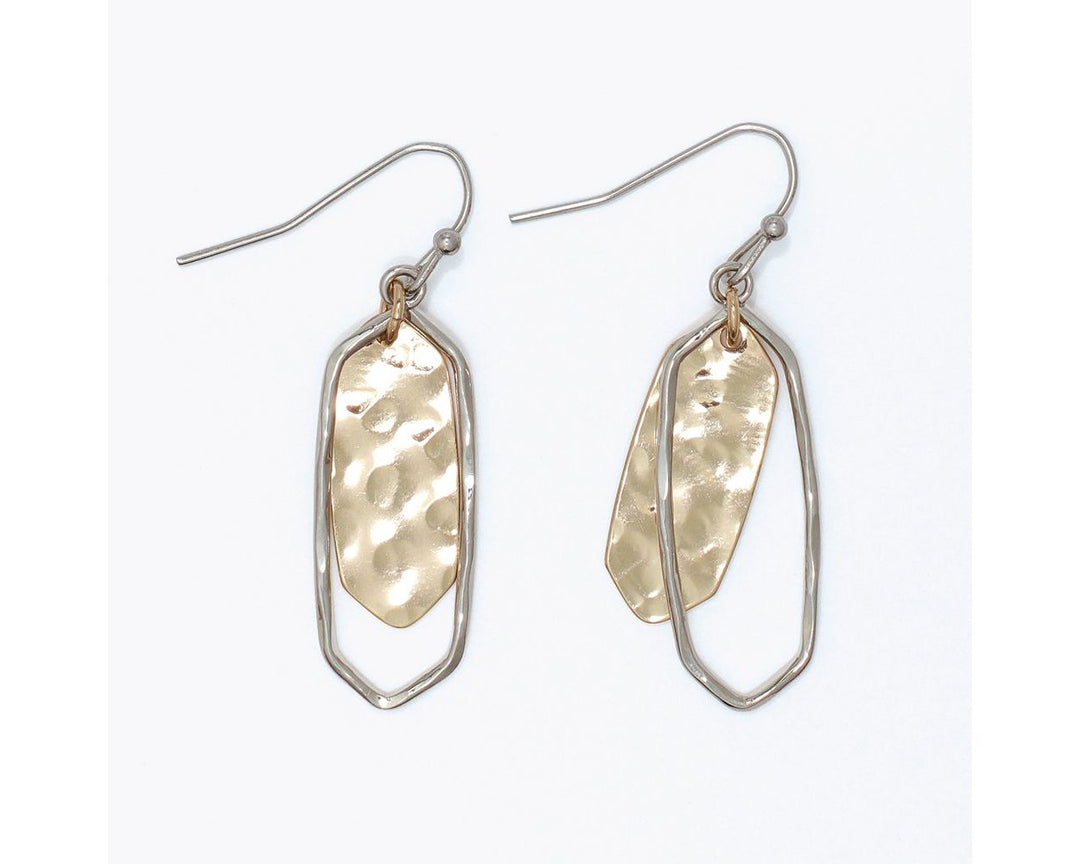 Hammered gold and silver two-tone drop earrings with open geometric silver frame
