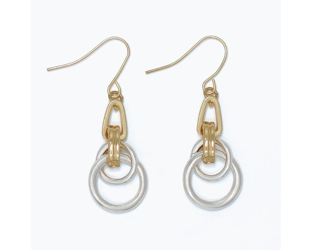 Two-tone dangle earrings with gold hook and connector, silver interlocking rings