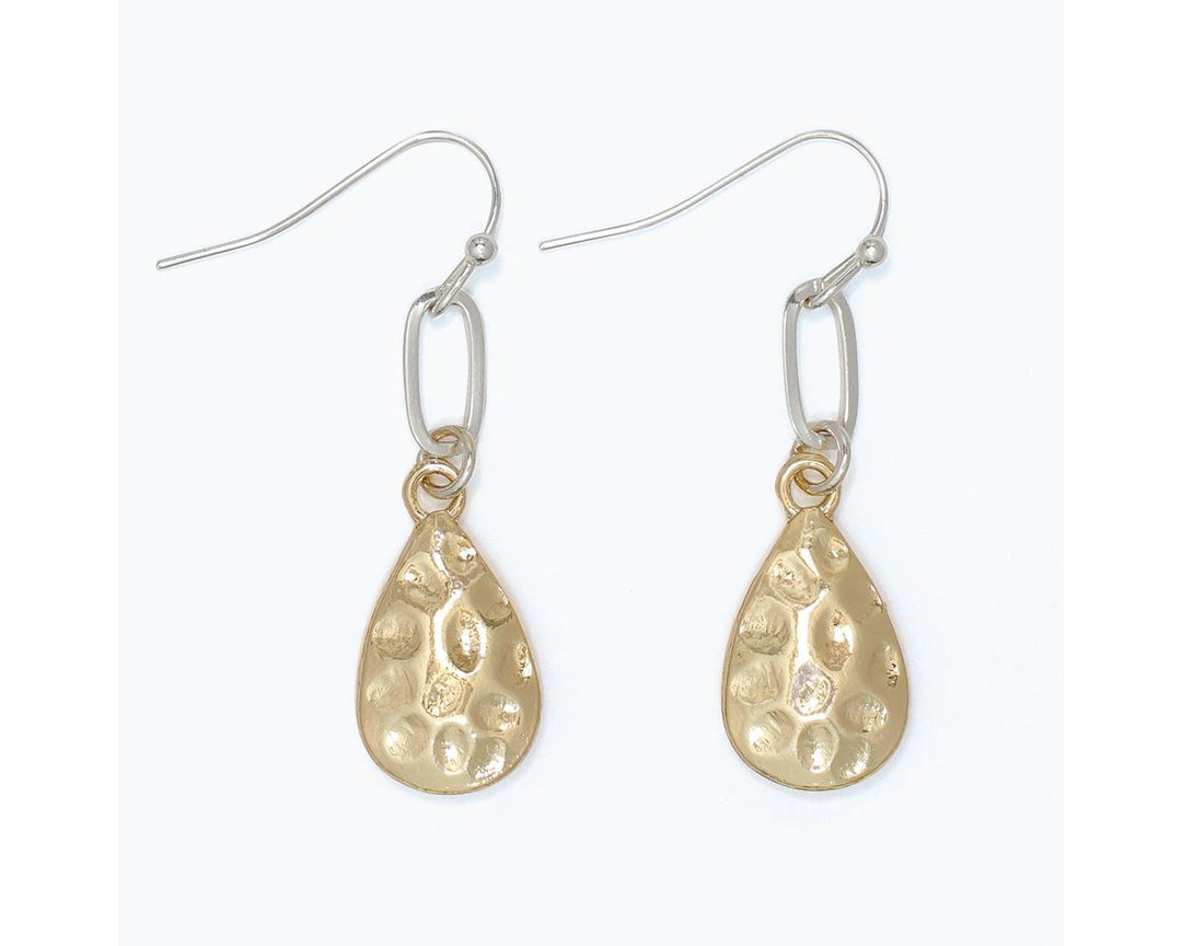 Two-tone drop earrings with silver fish hooks, oval links, and hammered gold teardrop charms