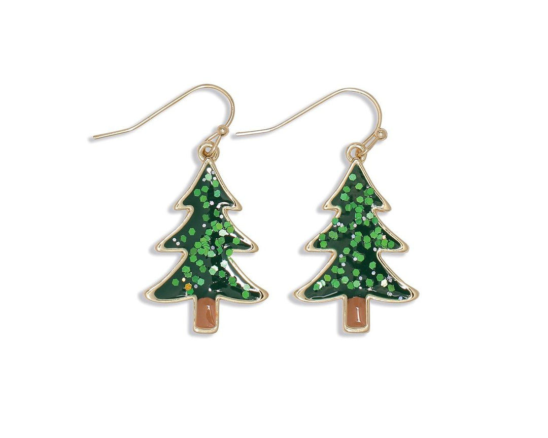 Gold-tone dangle earrings shaped like glitter-filled green Christmas trees with brown trunks