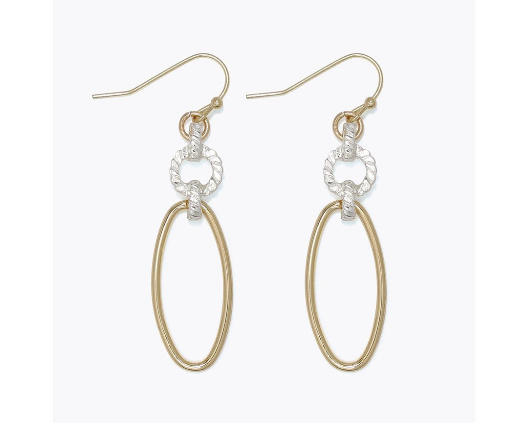 Two-tone drop earrings with silver textured rings and gold oval hoops on fish hooks