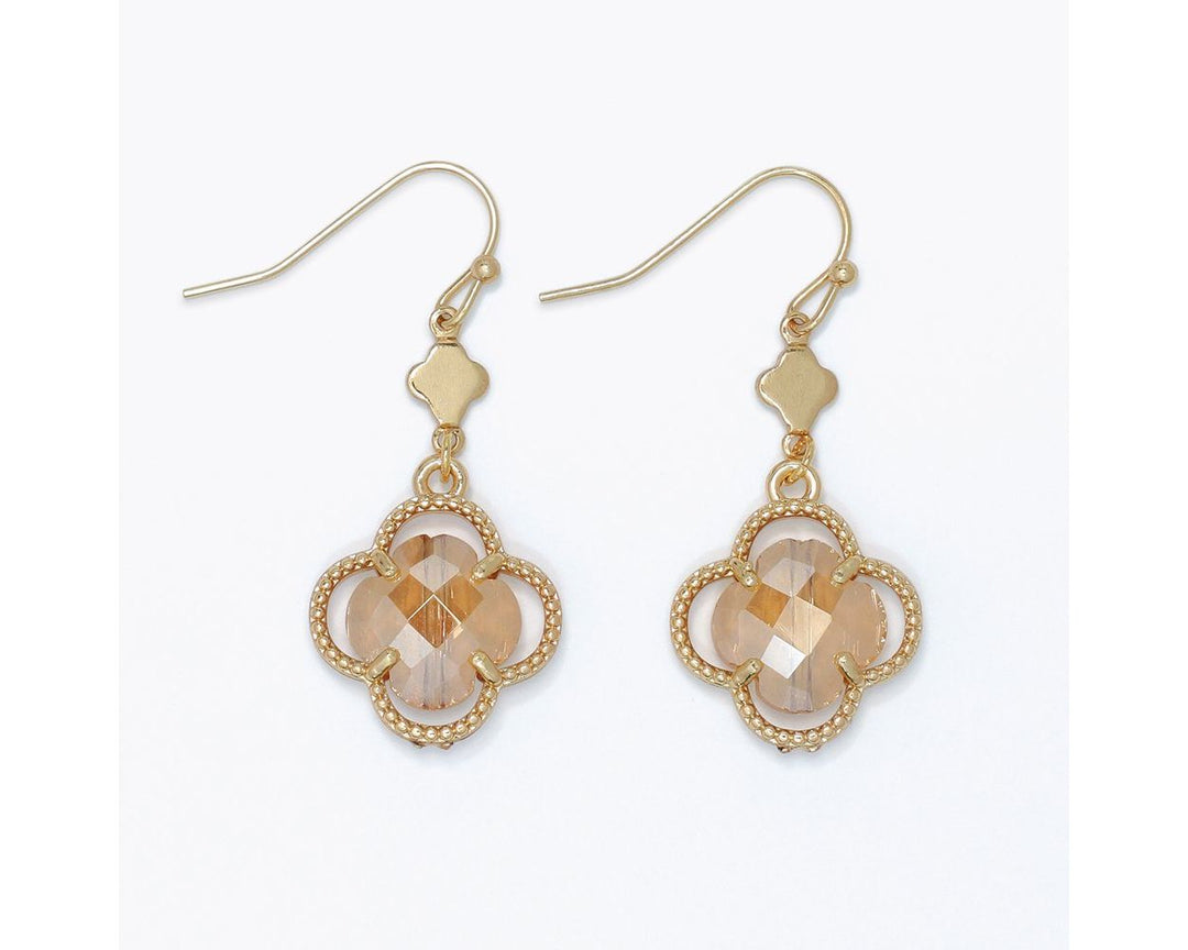 Gold dangle earrings with champagne crystal clover pendants and beaded frames