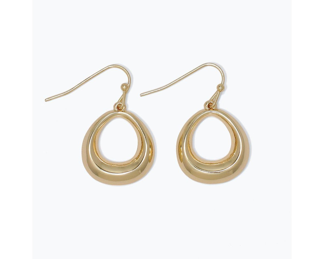 Polished gold teardrop drop earrings with open oval pendant and fish hook closure