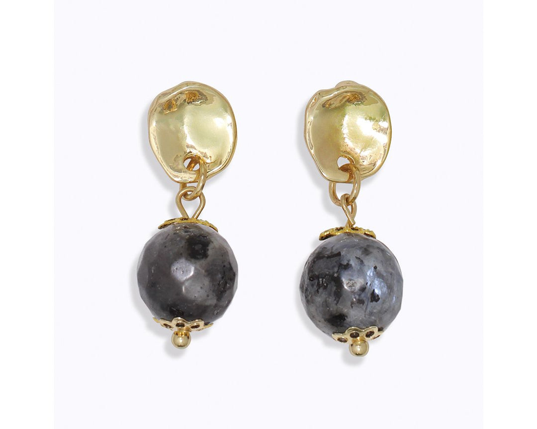 Gold drop earrings with round dark gray navy agate beads and decorative gold caps