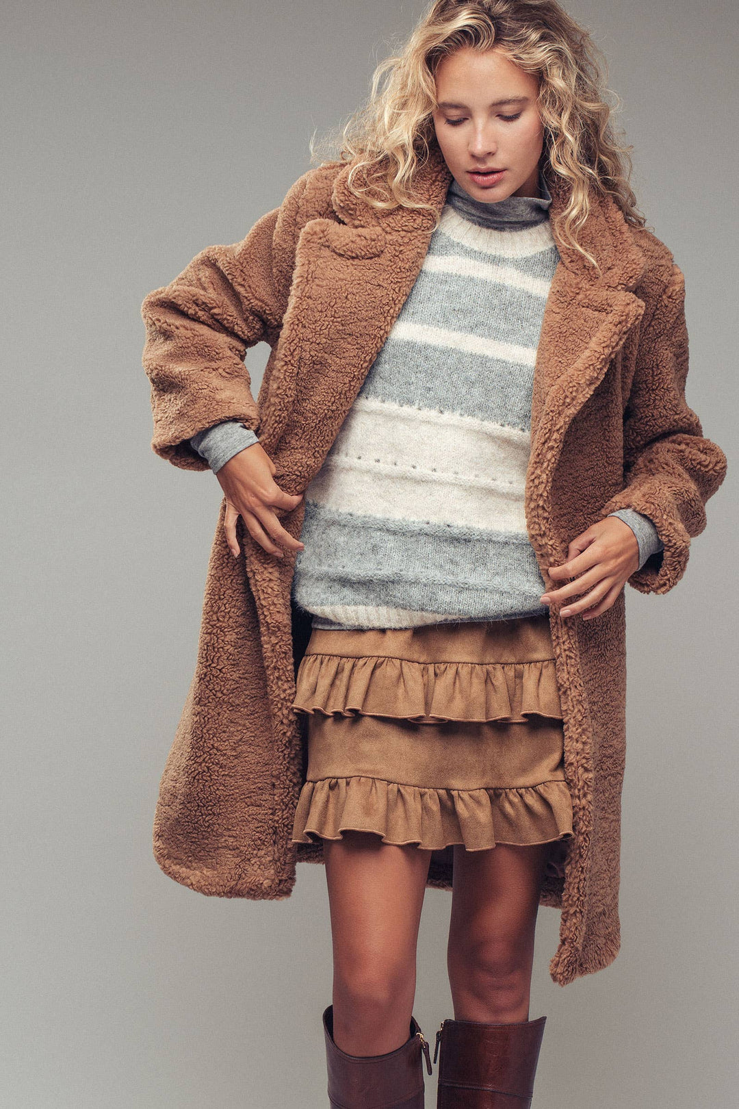 Cozy Longline Notched Lapel Teddy Coat