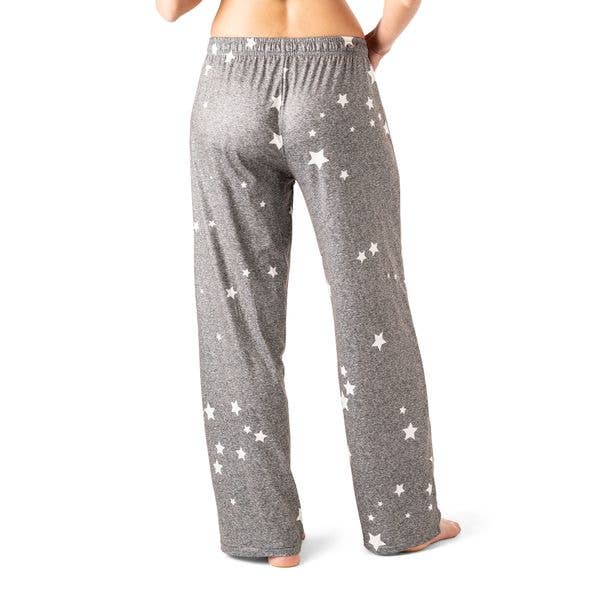 Gray pajama pants with white star print, elastic waistband, relaxed fit lounge wear
