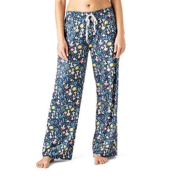 Navy floral pajama pants with drawstring waist and relaxed fit