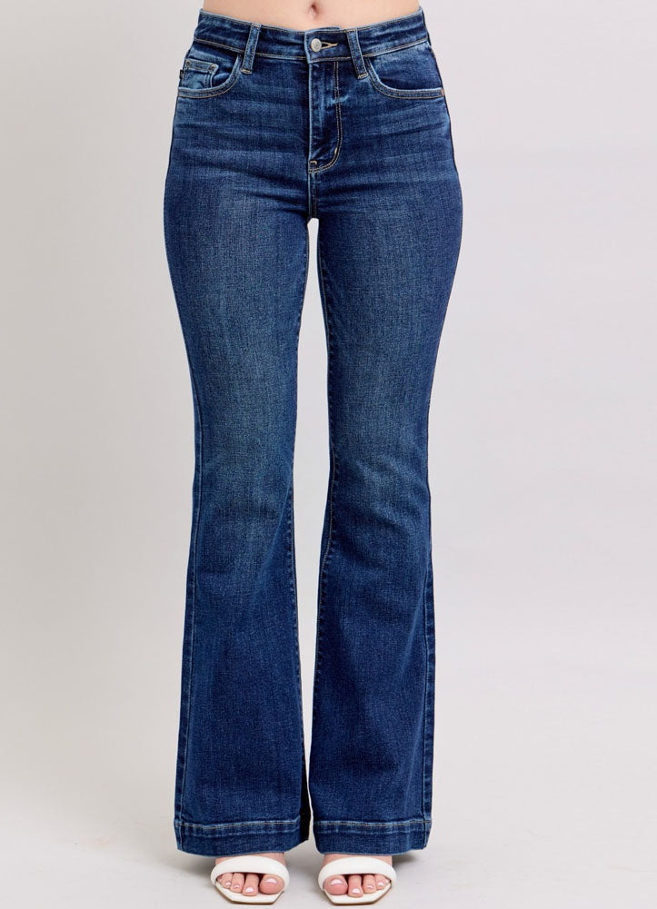 Judy Blue high waisted petite trouser flare jeans in medium blue denim wash