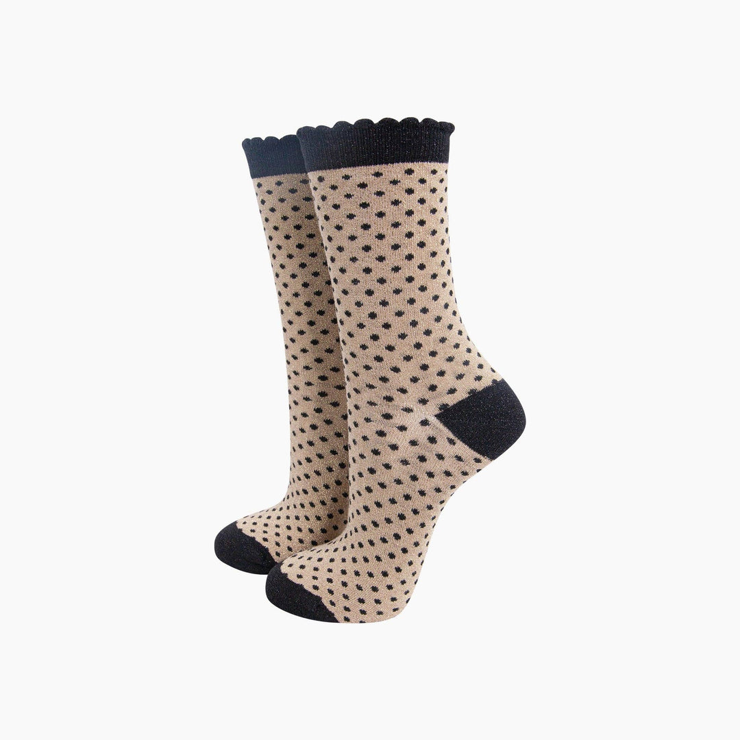 Gold and navy polka dot glitter ankle socks with scalloped cuff and navy heel and toe