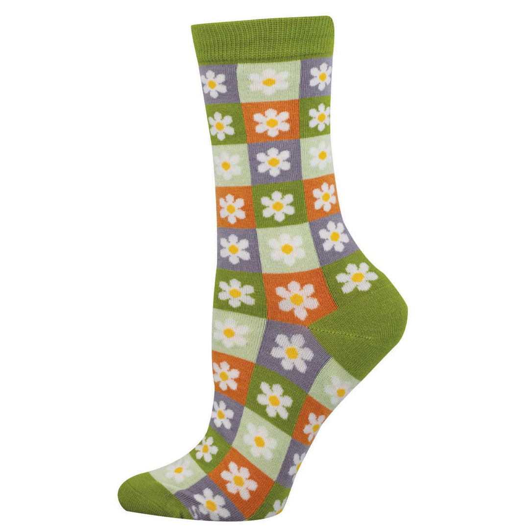 Socksmith Daisy Squares bamboo crew socks with green cuff and colorful checkered daisy pattern
