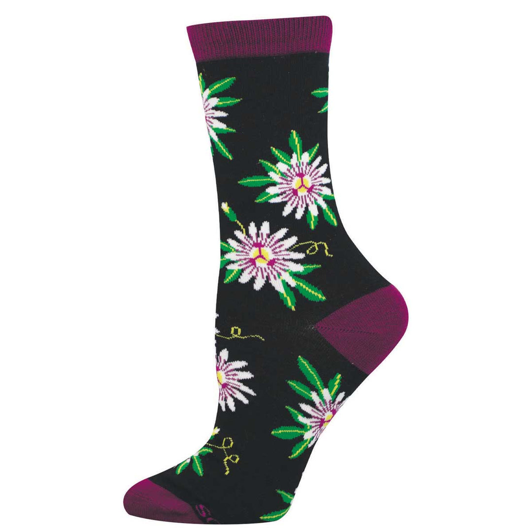 Socksmith black crew socks featuring passionfruit flowers with purple cuff, heel, and toe