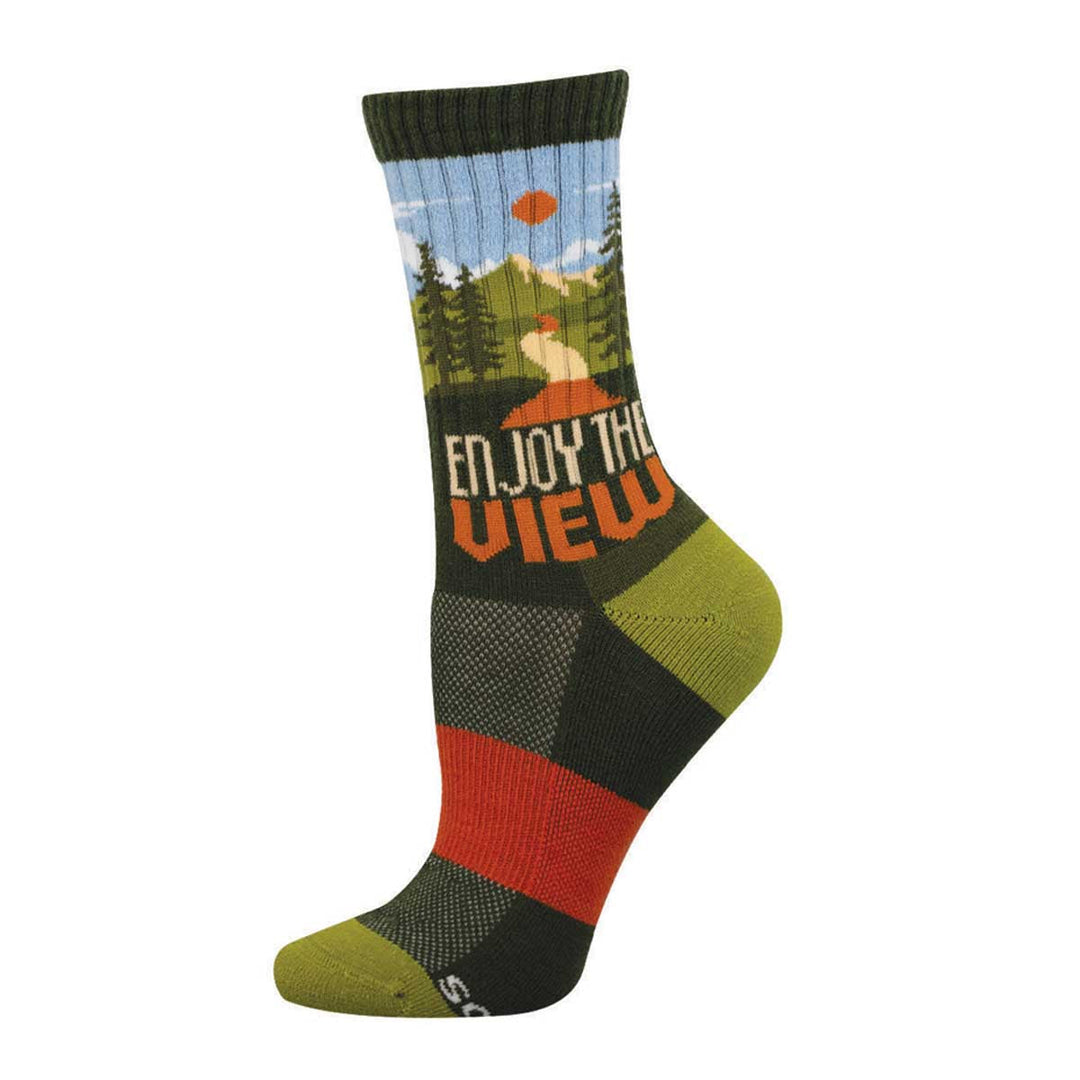 Socksmith Enjoy The View green hiking socks featuring nature scene with trees and mountains