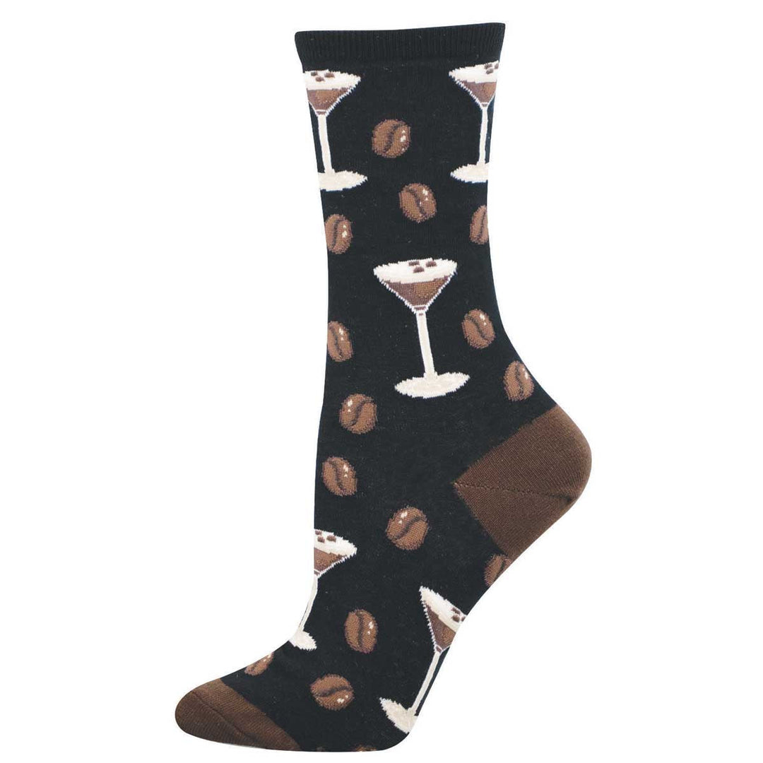Black crew socks featuring espresso martini cocktail glasses and coffee beans pattern