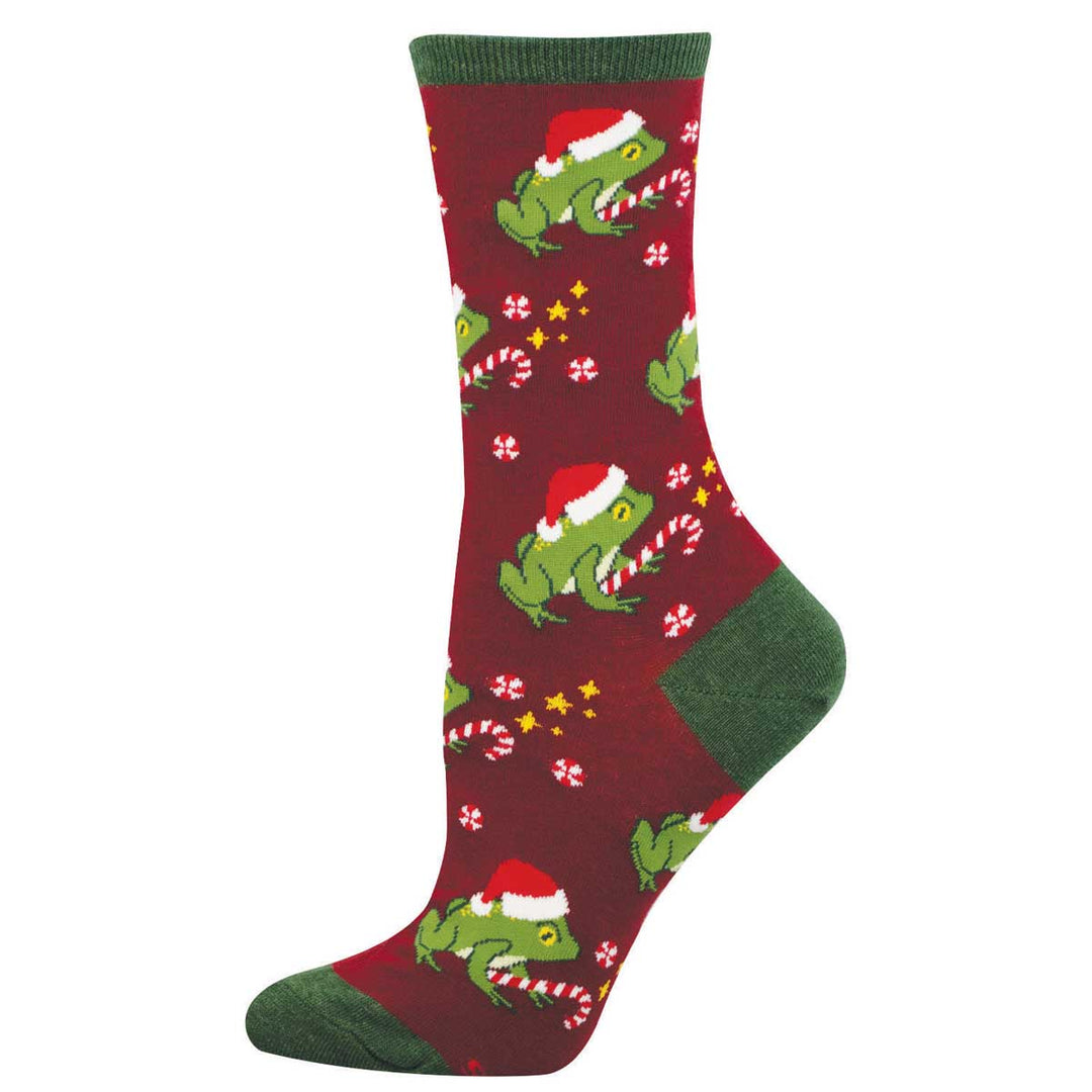 Socksmith Hoppy Holidays crew socks in burgundy with festive frogs wearing Santa hats and candy canes