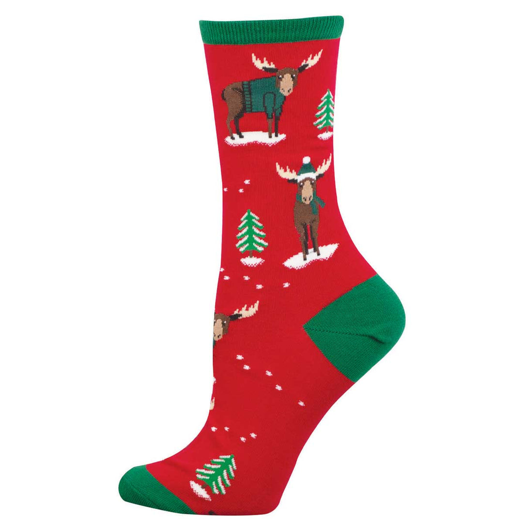 Red Christmas crew socks with moose in sweaters and scarves among winter trees