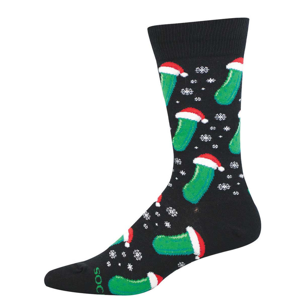 Black crew socks featuring Christmas pickles in Santa hats and snowflakes by Socksmith