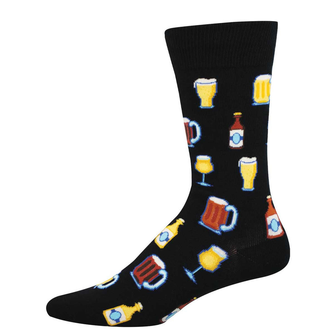 Socksmith black crew socks featuring colorful beer mugs, glasses, and bottle pattern