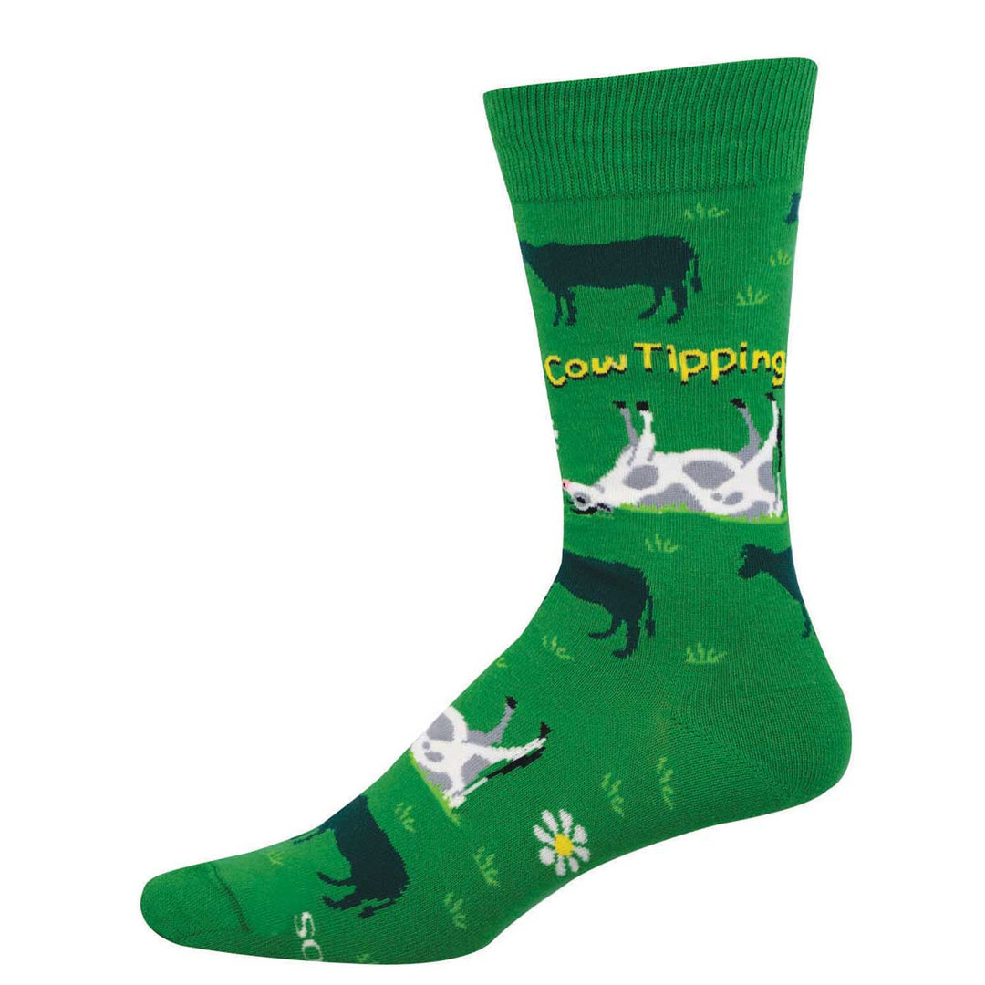 Socksmith green crew socks featuring cow tipping design with black and spotted cows