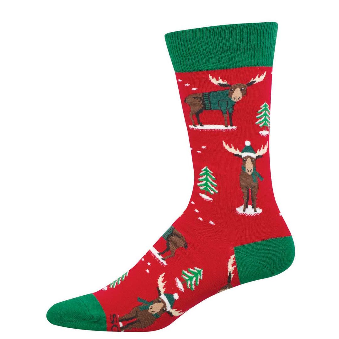 Socksmith Christmoose crew socks in red with moose wearing winter accessories and green trees
