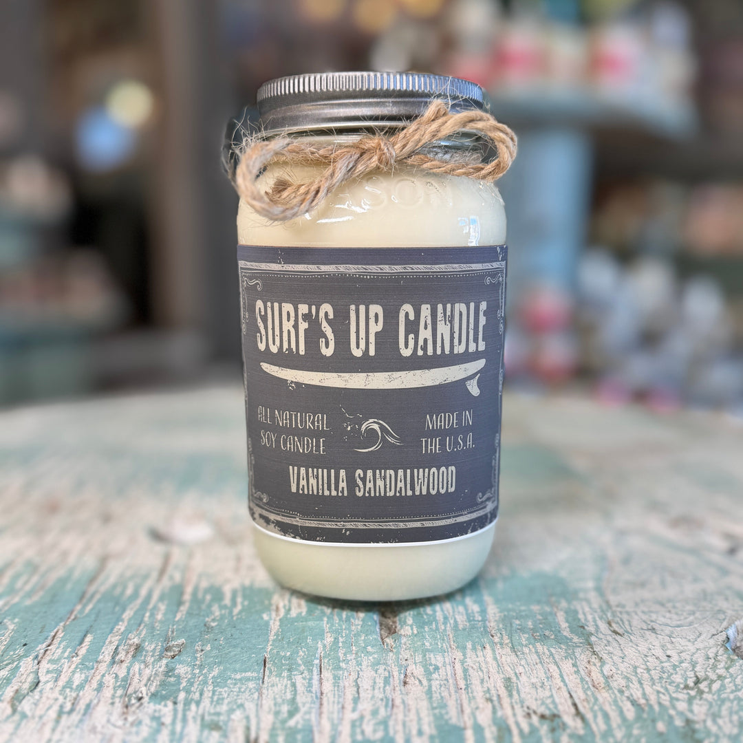 Surf's Up Candle Vanilla Sandalwood all-natural soy candle in a mason jar with twine bow