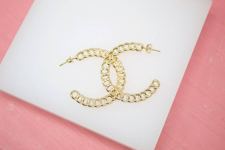 18K Gold Filled Dainty Curb Cuban Link Open Hoop Earrings