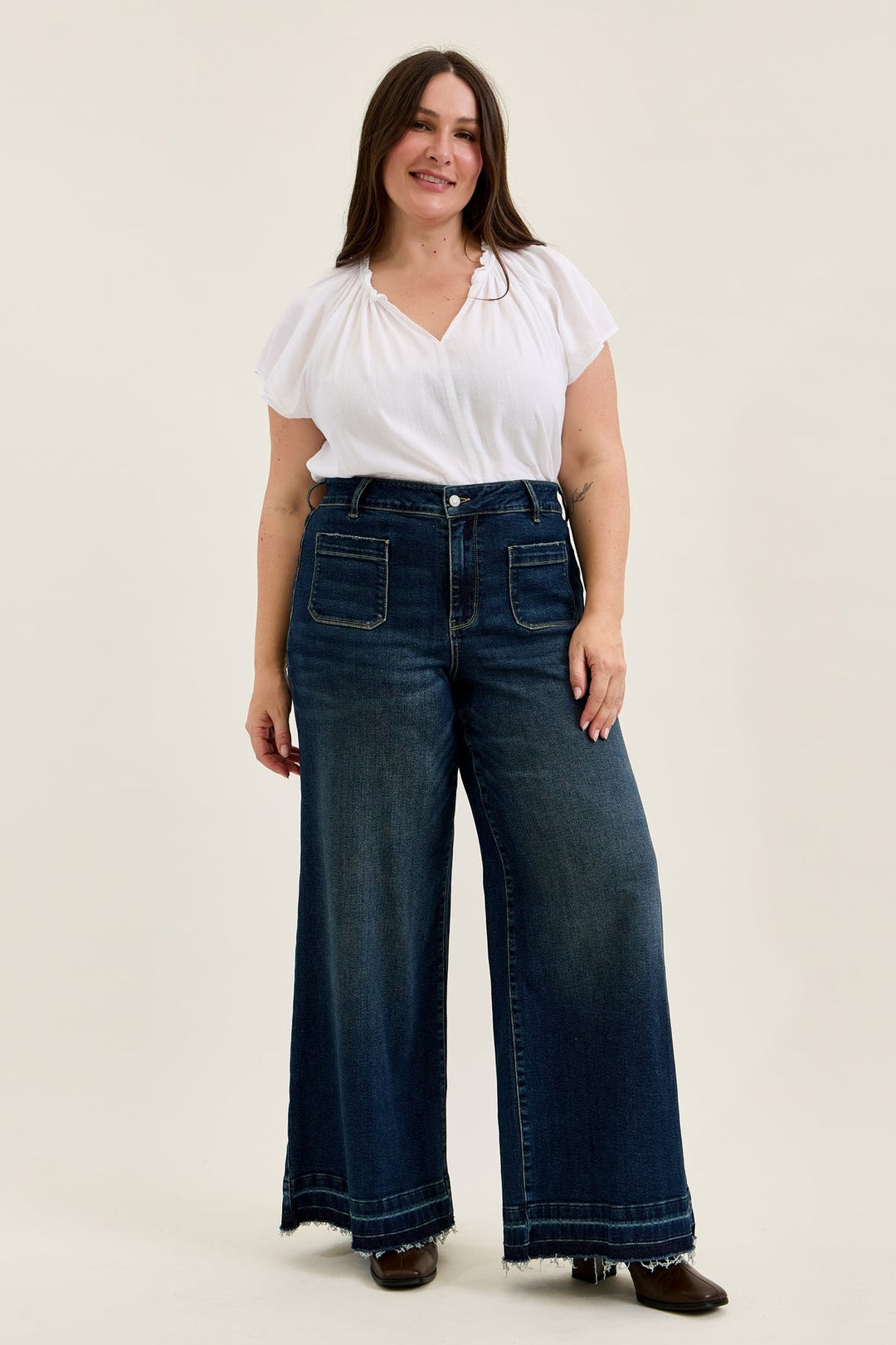 Judy Blue HW LIZA Palazzo jeans with front shield patch pockets in medium wash denim