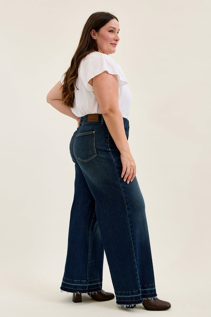 Judy Blue HW LIZA Palazzo wide-leg jeans in medium dark wash with frayed hem, plus size