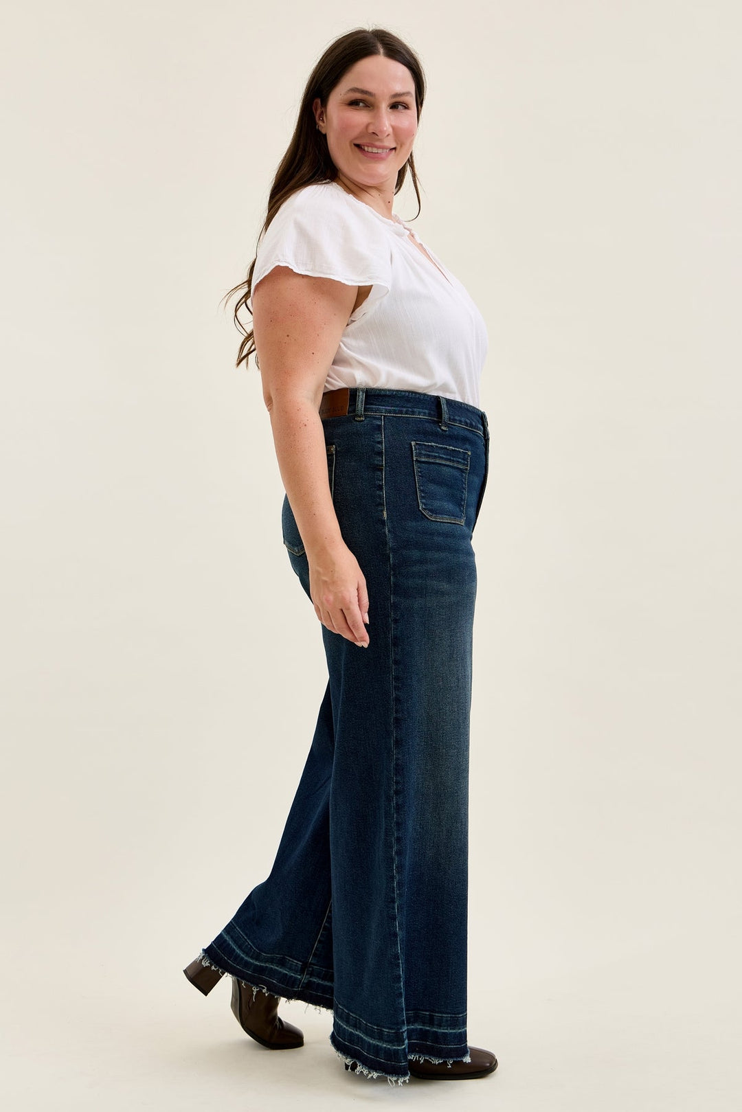 Judy Blue HW LIZA Palazzo jeans in medium wash with shield pockets and frayed hem