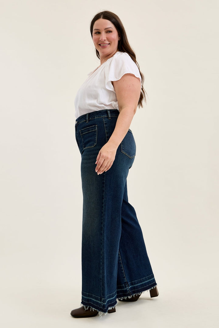Judy Blue HW LIZA Palazzo jeans with shield pockets in medium dark wash, wide leg style