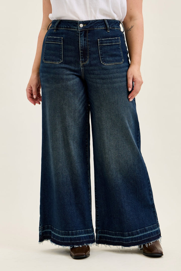 Judy Blue HW LIZA Palazzo jeans with front shield pockets in medium dark wash denim