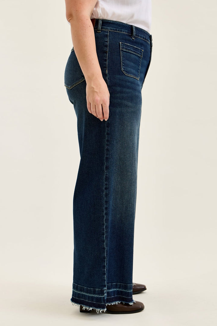 Judy Blue HW LIZA Palazzo jeans with shield pockets in medium dark wash, side view