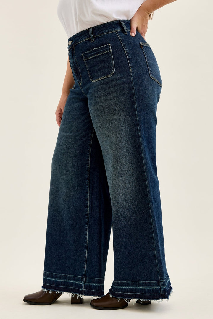 Judy Blue high-waist Liza palazzo jeans in medium wash with front patch pockets and frayed hem