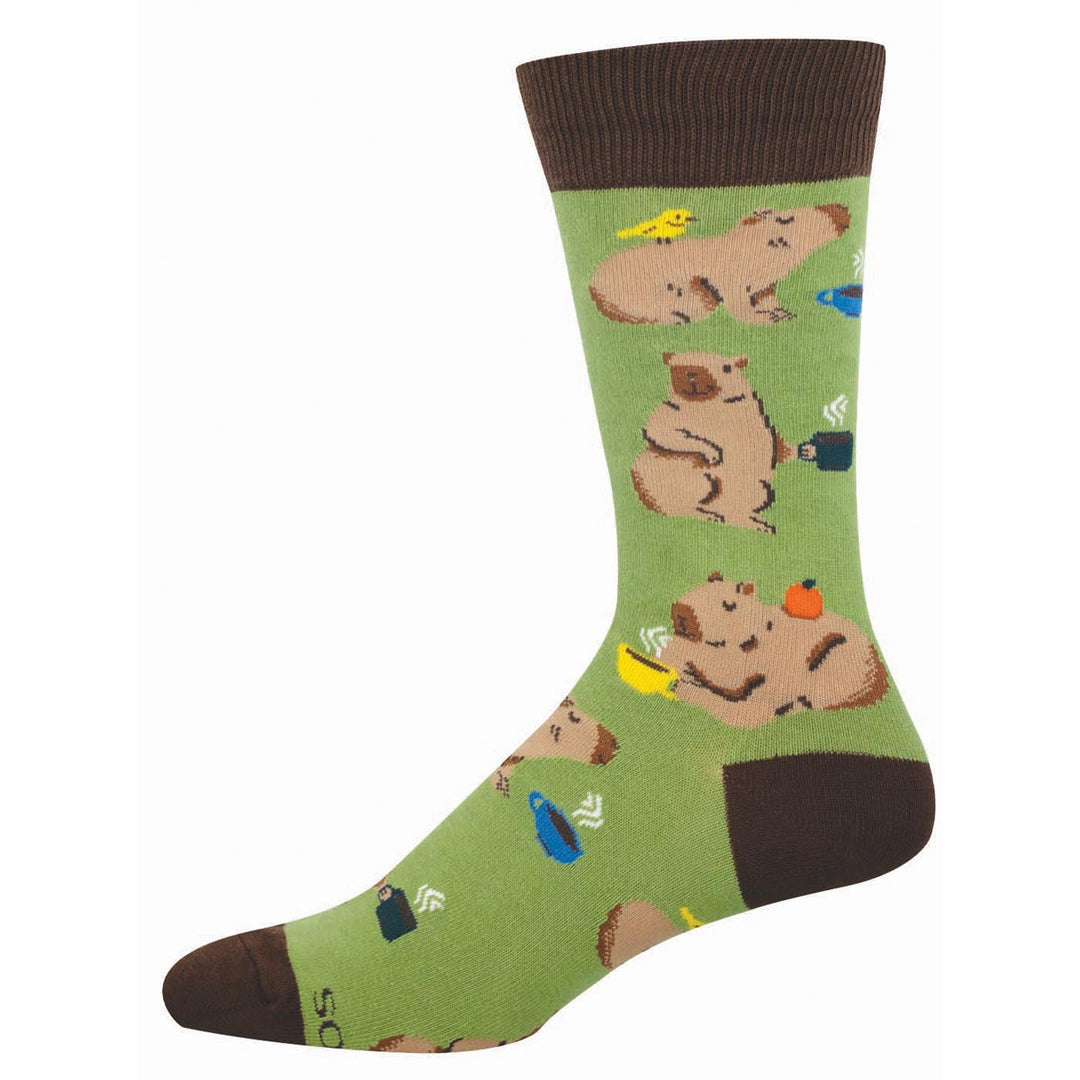 Socksmith Capybara Cafe crew socks in green with capybara and coffee cup pattern