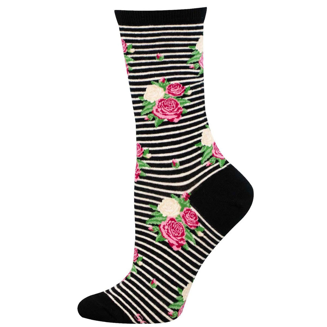 Socksmith Rows of Roses crew socks in black with white stripes and pink floral pattern