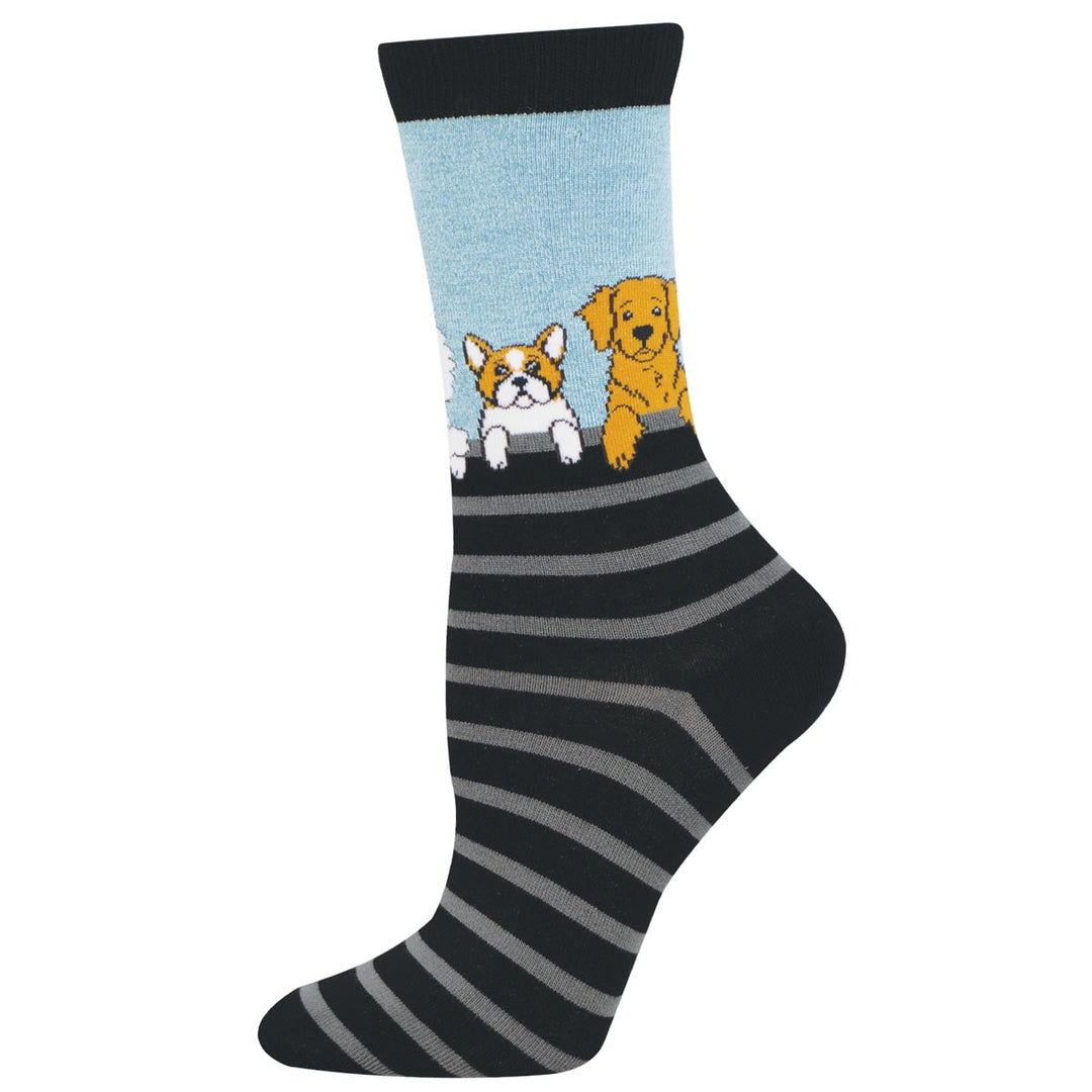 Socksmith Dog Gone Stripes crew socks in blue heather with French bulldog and golden retriever design